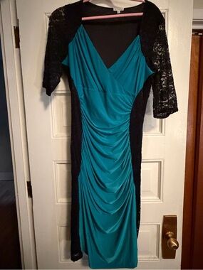 Kiyonna Teal and Black Lace Ruched Midi Dress
